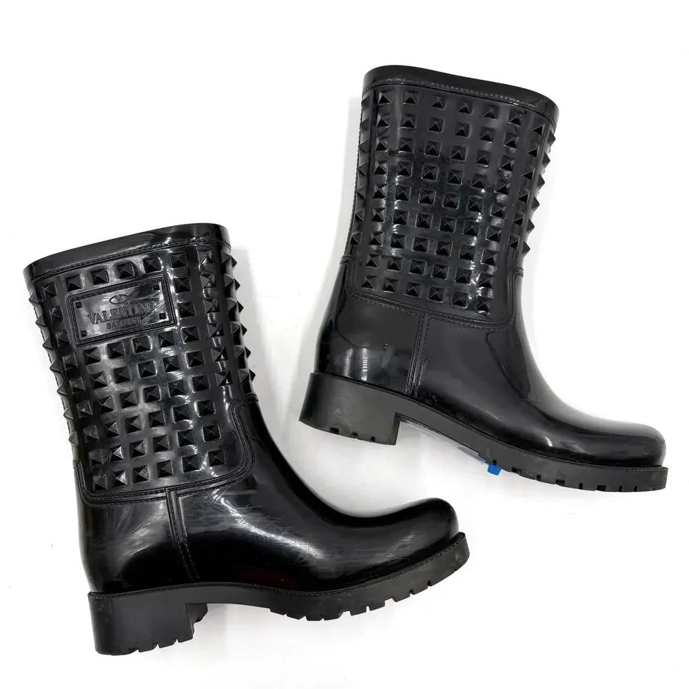 Valentino Rockstud Rainboots‎ Black Mid Calf Rubber Waterproof Sz 37 / 7 Women's